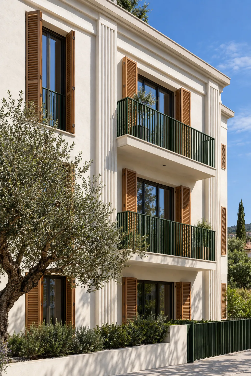 Fachada con pilastras estriadas y persianas de madera